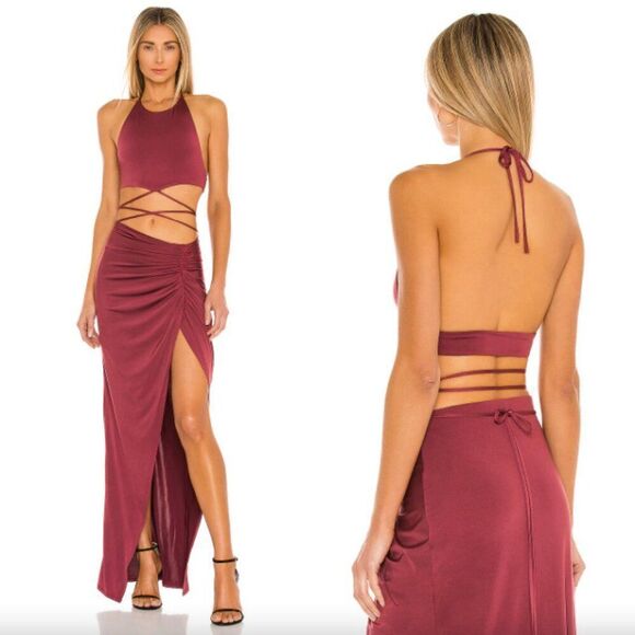 NWT Michael Costello x Revolve burgundy Leah strappy high neck halter crop top - Picture 5 of 5